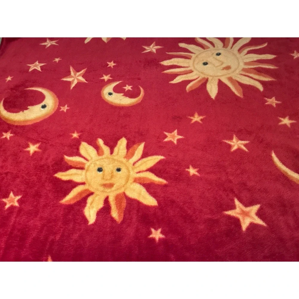 Vintage Blanket‎ Celestial Sun Moon Stars Red Mink Fleece 95x78